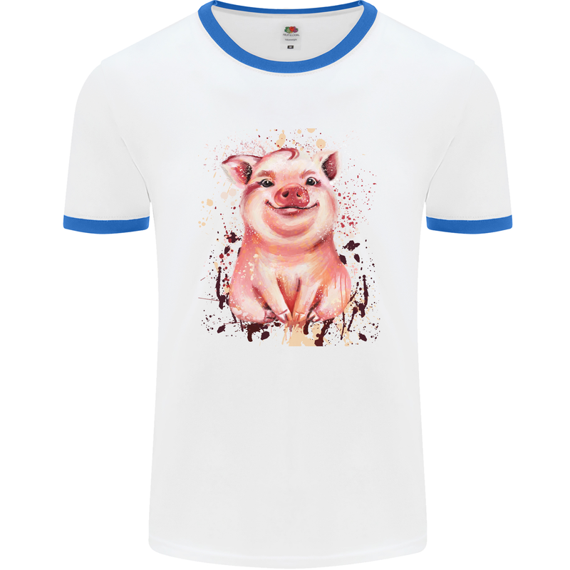 Watercolour Pig Mens White Ringer T-Shirt White/Royal Blue