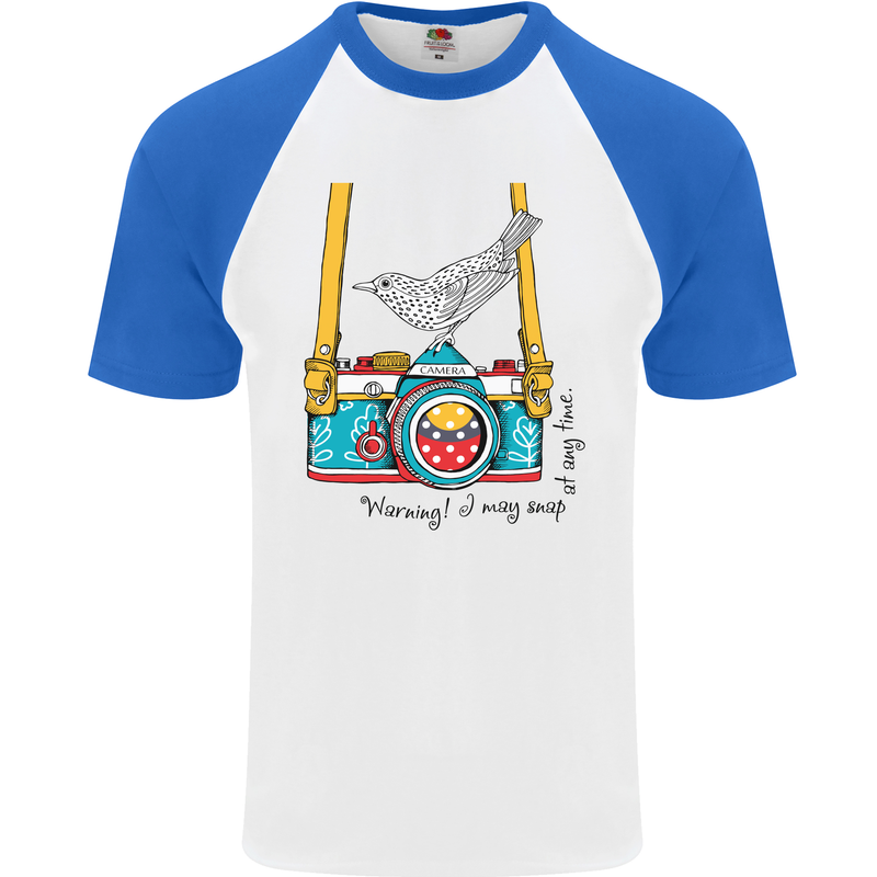 Camera With a Bird Photographer Photography Mens S/S Baseball T-Shirt White/Royal Blue