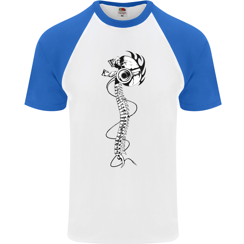 Headphone Wearing Skull Spine Mens S/S Baseball T-Shirt White/Royal Blue