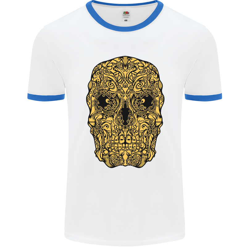 Ethnic Skull Gothic Tribal Demon Mens White Ringer T-Shirt White/Royal Blue