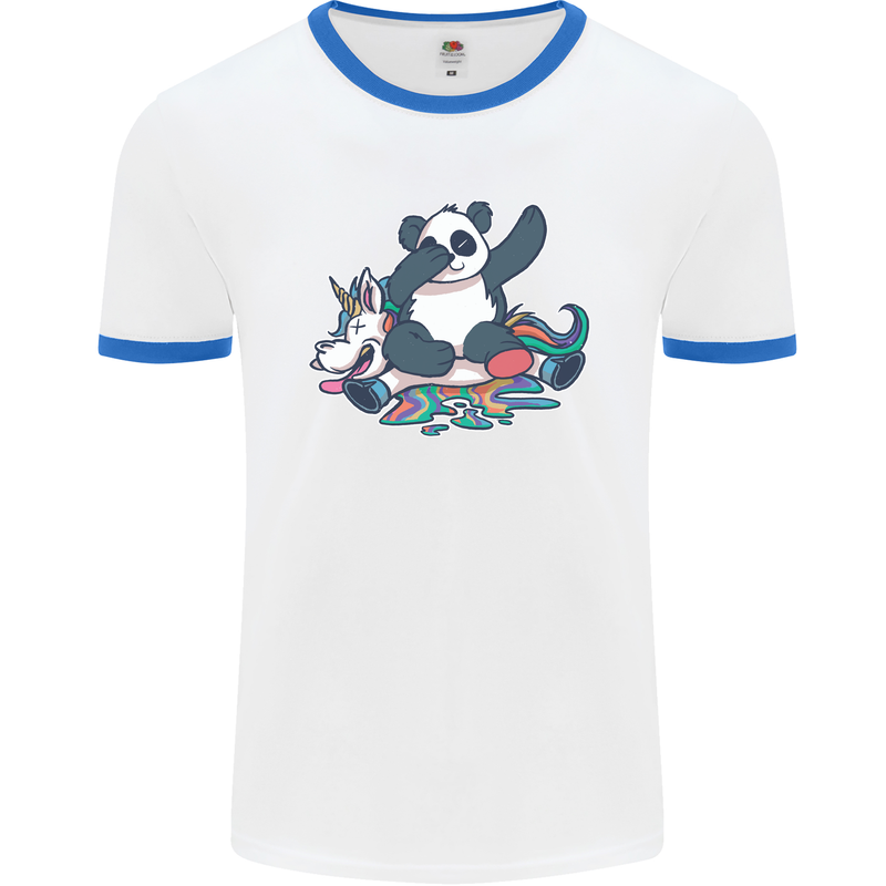 Dabbing Panda Squashing a Unicorn Funny Mens White Ringer T-Shirt White/Royal Blue