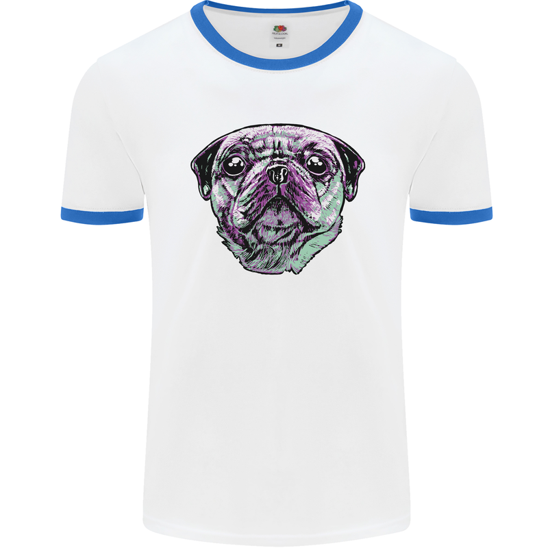 A Pug Face Dog Mens Ringer T-Shirt White/Royal Blue