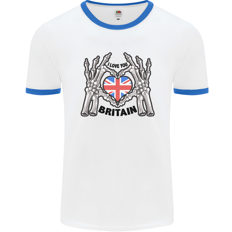 I Love You Great Britain Union Jack Flag UK Mens White Ringer T-Shirt White/Royal Blue