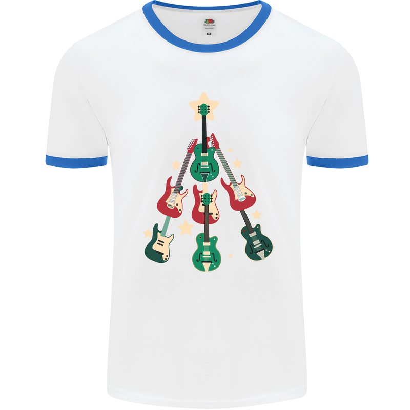 Funny Christmas Guitar Tree Rock Music Mens White Ringer T-Shirt White/Royal Blue