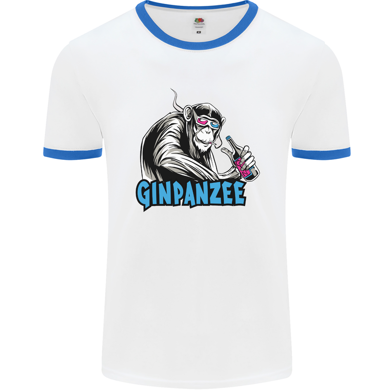 Ginpanzee Funny Gin Drinker Monkey Alcohol Mens White Ringer T-Shirt White/Royal Blue