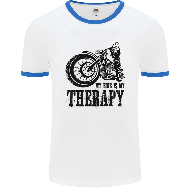 My Therapy Motorcycle Motorbike Biker Mens White Ringer T-Shirt White/Royal Blue