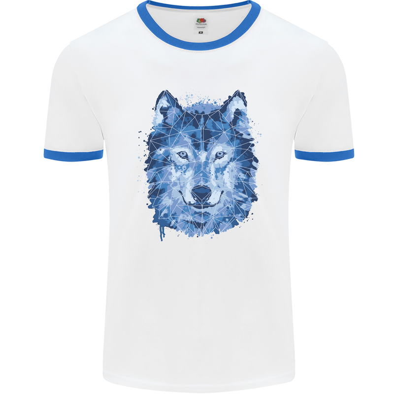 A Polygon Wolf Mens White Ringer T-Shirt White/Royal Blue