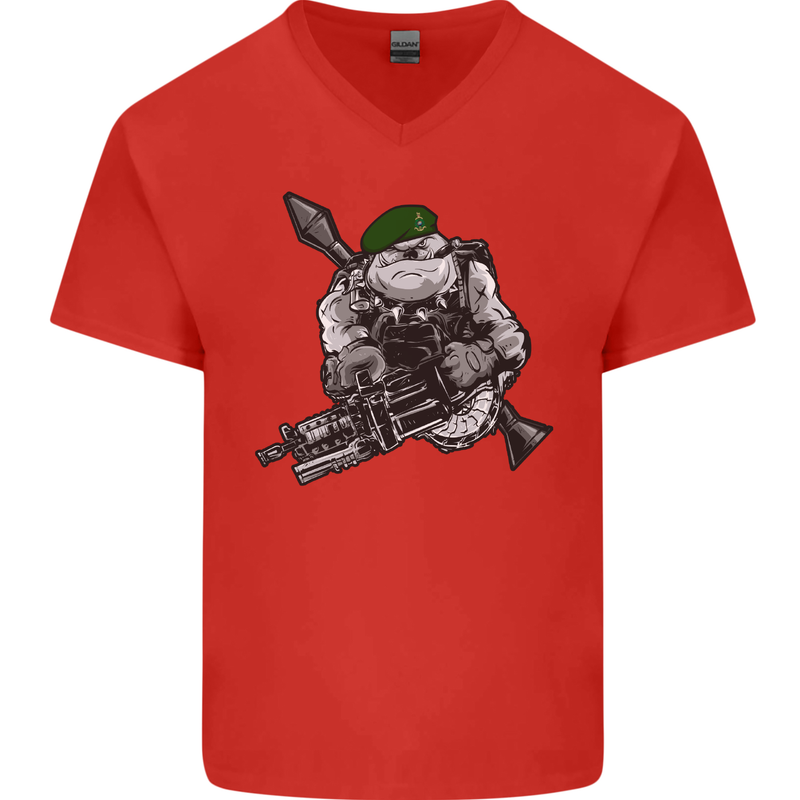 Royal Marine Bulldog Commando Soldier Mens V-Neck Cotton T-Shirt Red