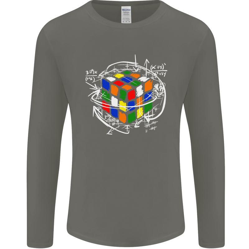 Rubix Cube Equation Funny Puzzle Enigma Mens Long Sleeve T-Shirt Charcoal