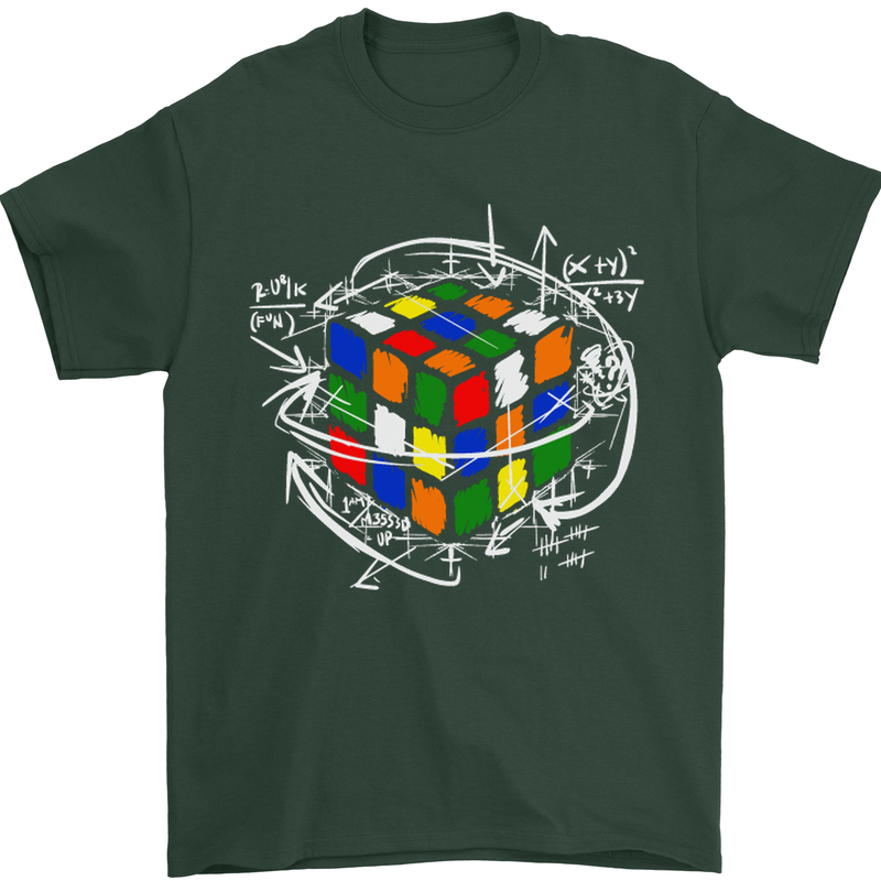 Rubix Cube Equation Funny Puzzle Enigma Mens T-Shirt Cotton Gildan Forest Green