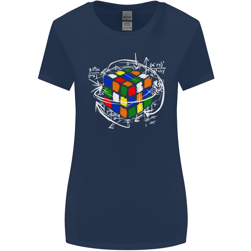 Rubix Cube Equation Funny Puzzle Enigma Womens Wider Cut T-Shirt Navy Blue