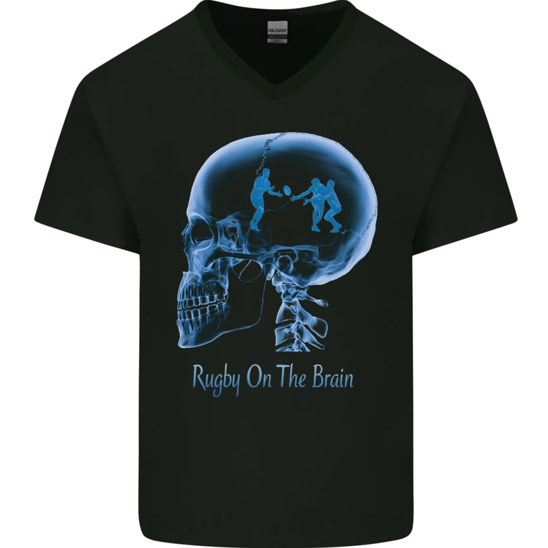 Rugby on the Brain Funny Union Player Mens V-Neck Cotton T-Shirt Black