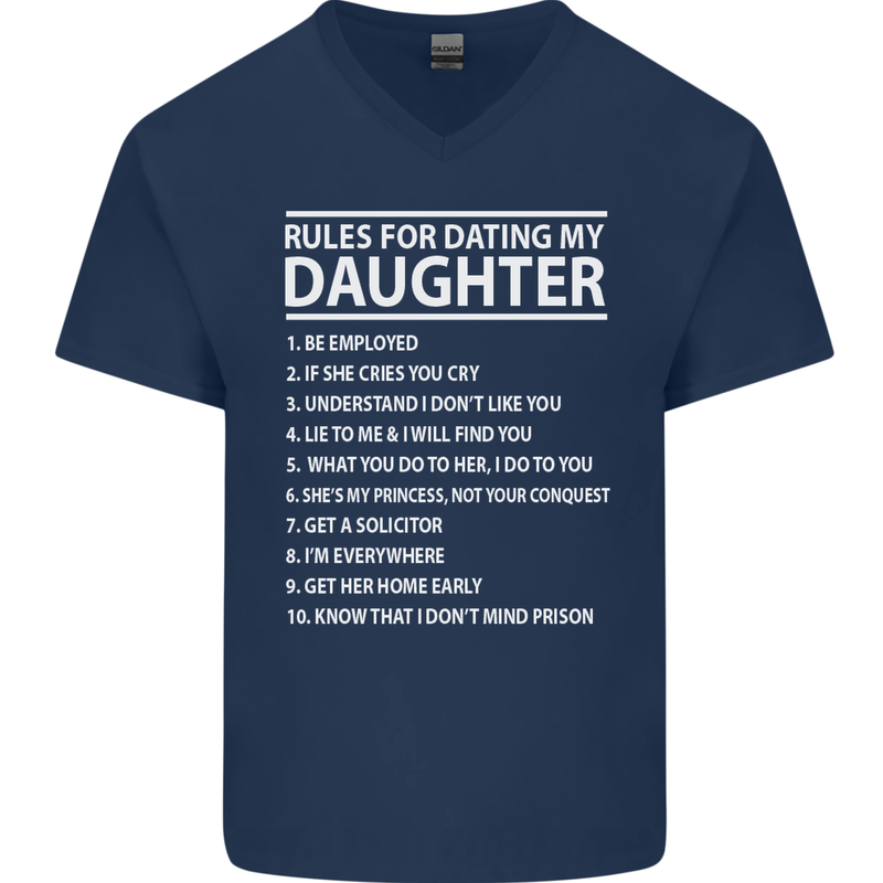 Rules for Dating My Daughter Father's Day Mens V-Neck Cotton T-Shirt Navy Blue