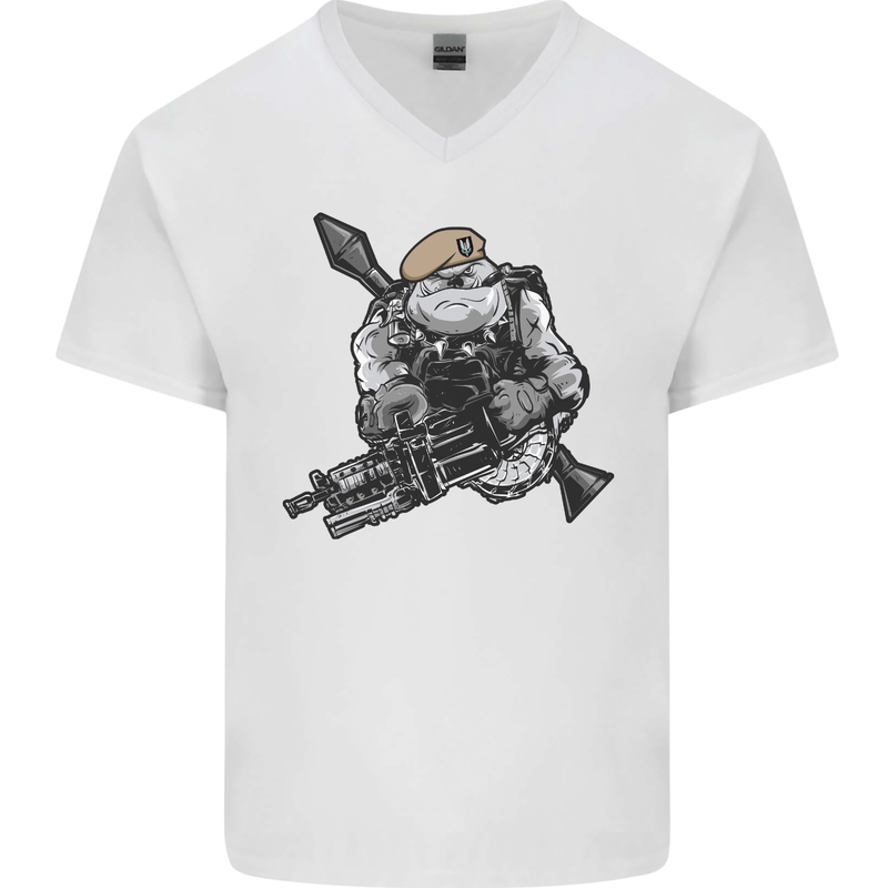 SAS Bulldog British Army Special Forces Mens V-Neck Cotton T-Shirt White