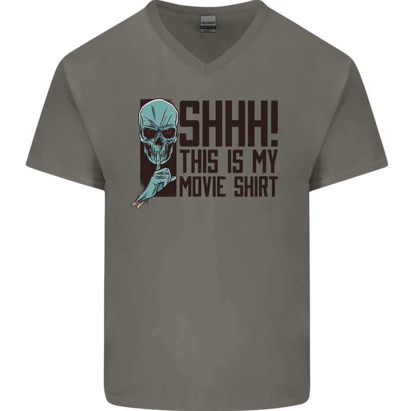 SHHH This Is My Movie T-Shirt Skull Horror Mens V-Neck Cotton T-Shirt Charcoal