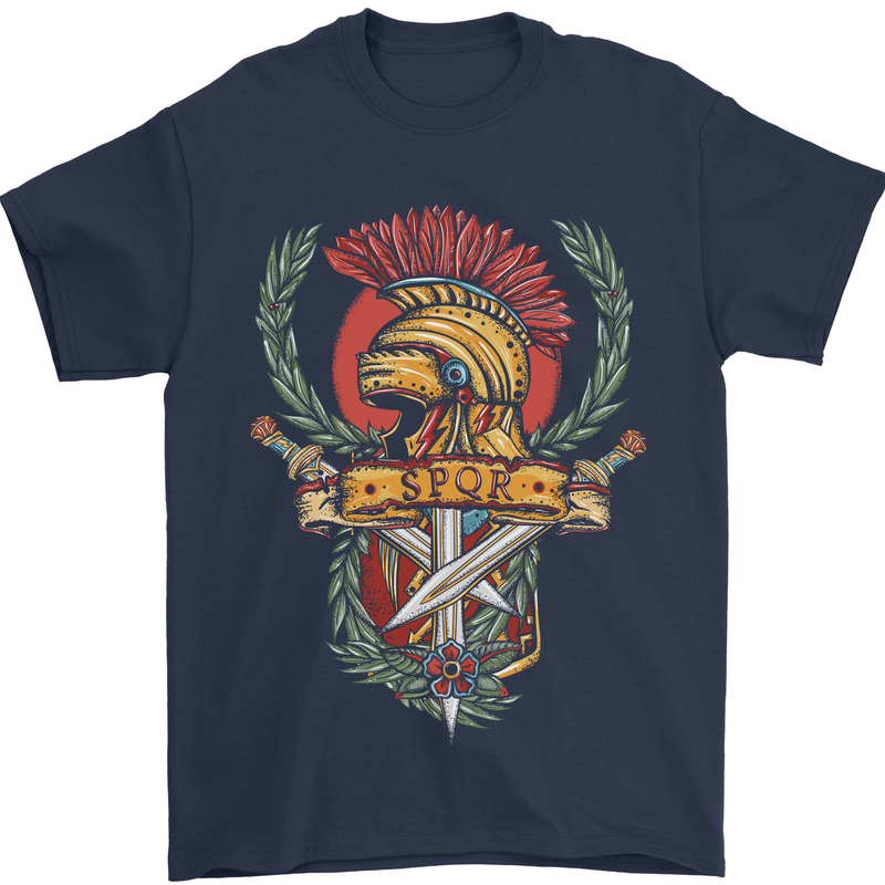 SPQR Helmet Gym Bodybuilding Training Top Mens T-Shirt Cotton Gildan Navy Blue