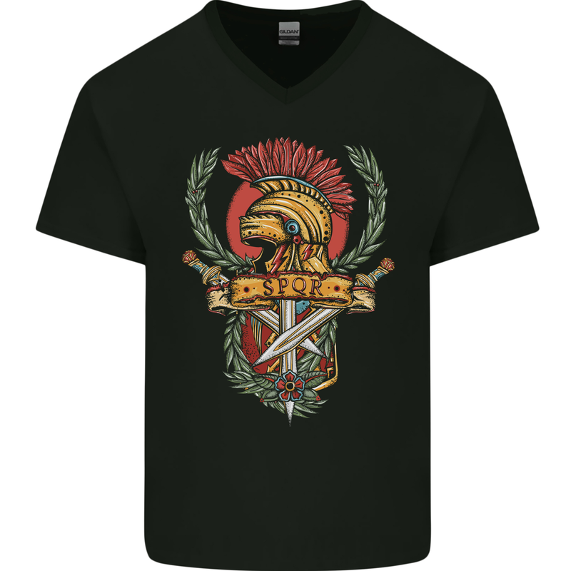 SPQR Helmet Gym Bodybuilding Training Top Mens V-Neck Cotton T-Shirt Black