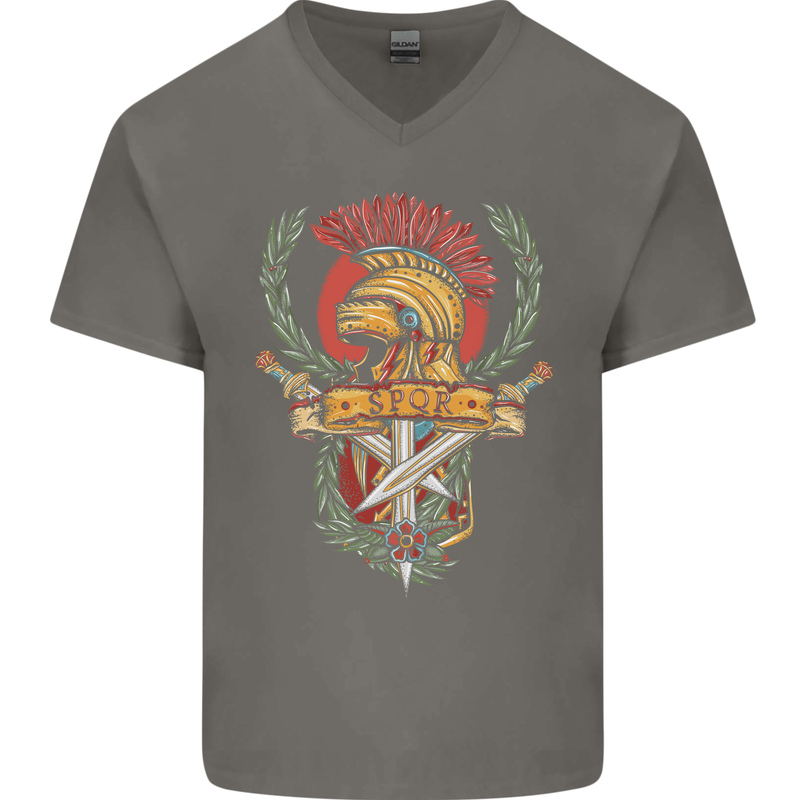 SPQR Helmet Gym Bodybuilding Training Top Mens V-Neck Cotton T-Shirt Charcoal