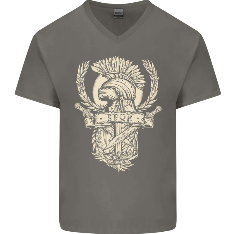 SPQR Helmet Gym Bodybuilding Training Top Mens V-Neck Cotton T-Shirt Charcoal