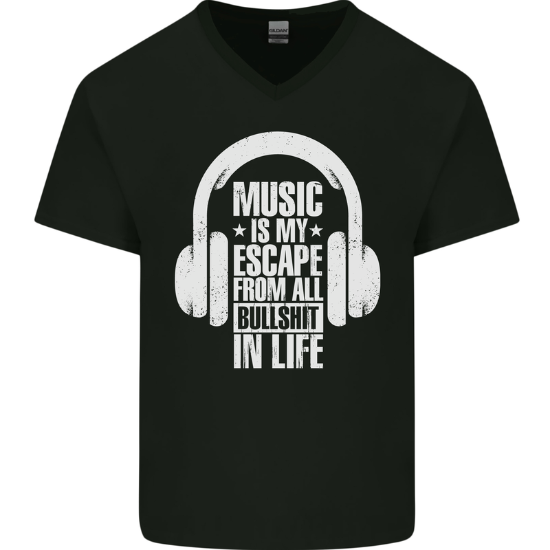 Music Is My Escape From B/S in Life Dance Mens V-Neck Cotton T-Shirt Black