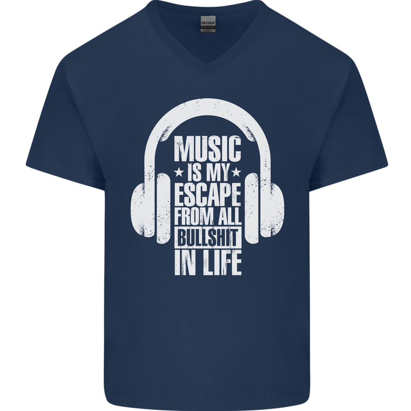 Music Is My Escape From B/S in Life Dance Mens V-Neck Cotton T-Shirt Navy Blue