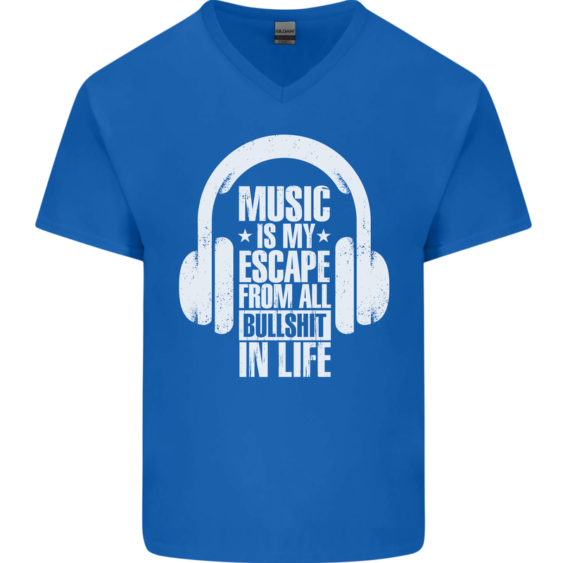Music Is My Escape From B/S in Life Dance Mens V-Neck Cotton T-Shirt Royal Blue