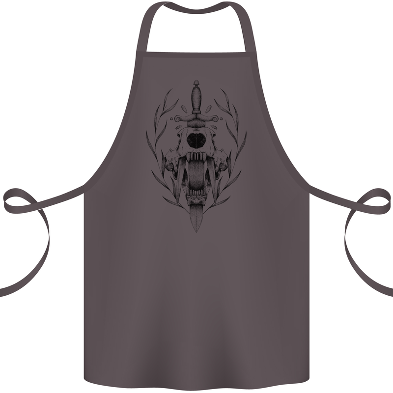 Sabre Tooth Tiger Skull Sword Cotton Apron 100% Organic Dark Grey