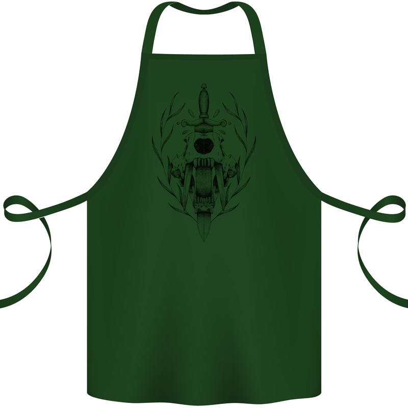 Sabre Tooth Tiger Skull Sword Cotton Apron 100% Organic Forest Green