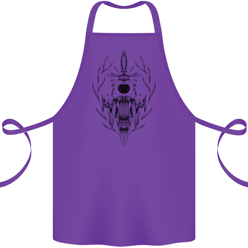 Sabre Tooth Tiger Skull Sword Cotton Apron 100% Organic Purple