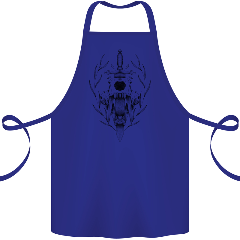 Sabre Tooth Tiger Skull Sword Cotton Apron 100% Organic Royal Blue