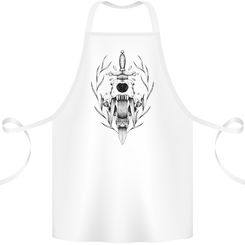 Sabre Tooth Tiger Skull Sword Cotton Apron 100% Organic White