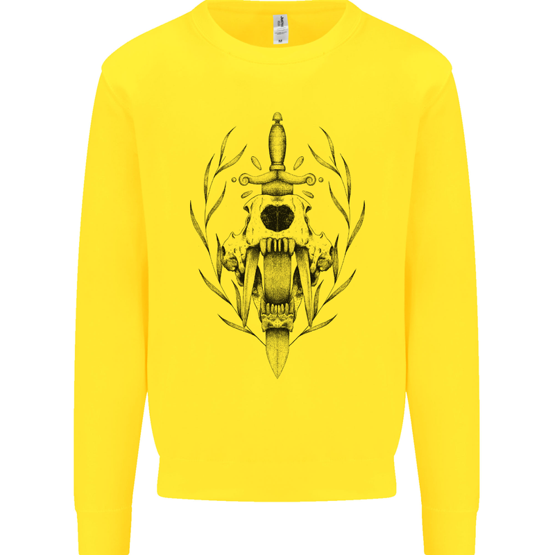 Sabre Tooth Tiger Skull Sword Kids Sweatshirt Jumper Yellow