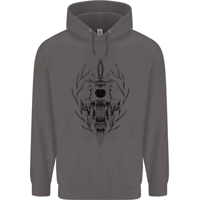 Sabre Tooth Tiger Skull Sword Mens 80% Cotton Hoodie Charcoal