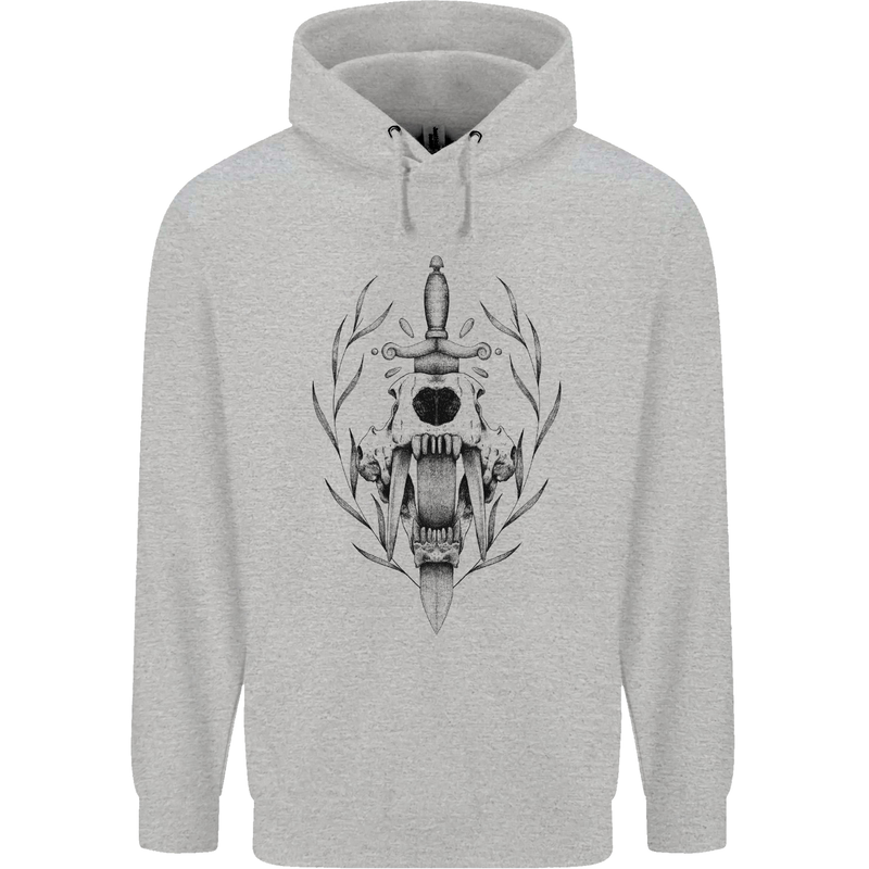 Sabre Tooth Tiger Skull Sword Mens 80% Cotton Hoodie Sports Grey