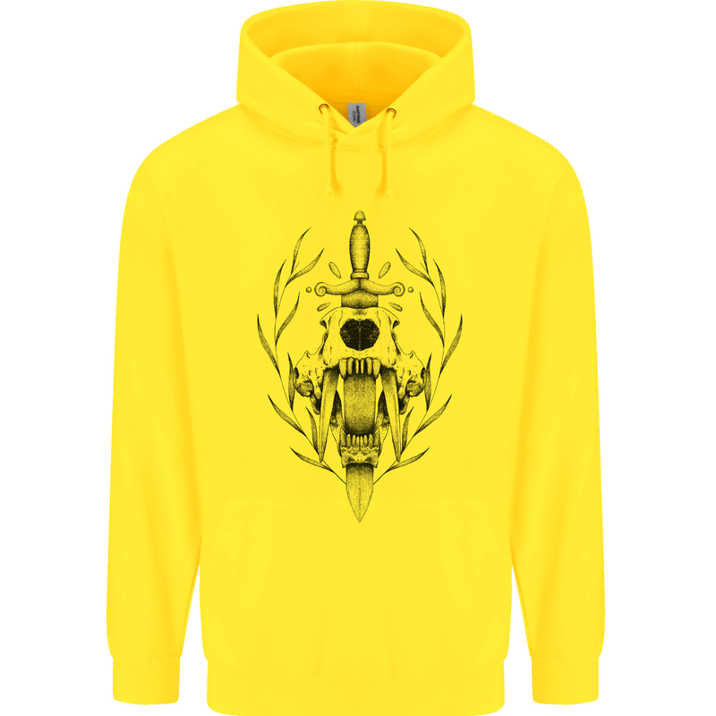 Sabre Tooth Tiger Skull Sword Mens 80% Cotton Hoodie Yellow