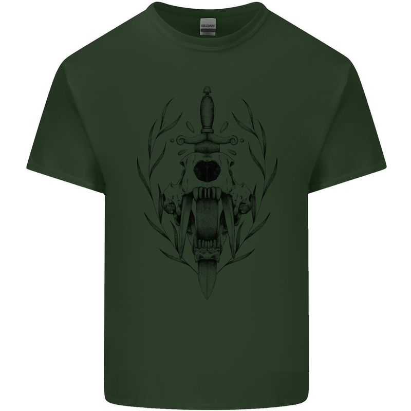 Sabre Tooth Tiger Skull Sword Mens Cotton T-Shirt Tee Top Forest Green
