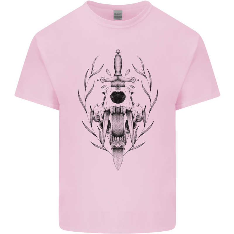 Sabre Tooth Tiger Skull Sword Mens Cotton T-Shirt Tee Top Light Pink