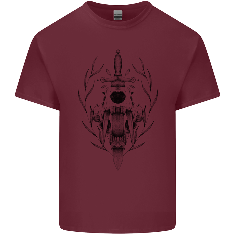 Sabre Tooth Tiger Skull Sword Mens Cotton T-Shirt Tee Top Maroon