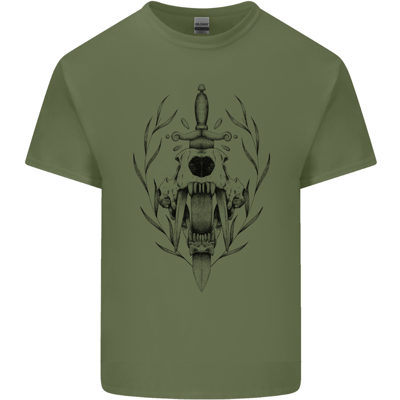 Sabre Tooth Tiger Skull Sword Mens Cotton T-Shirt Tee Top Military Green