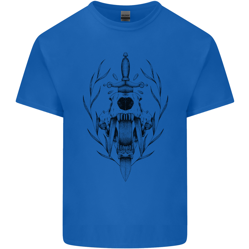 Sabre Tooth Tiger Skull Sword Mens Cotton T-Shirt Tee Top Royal Blue