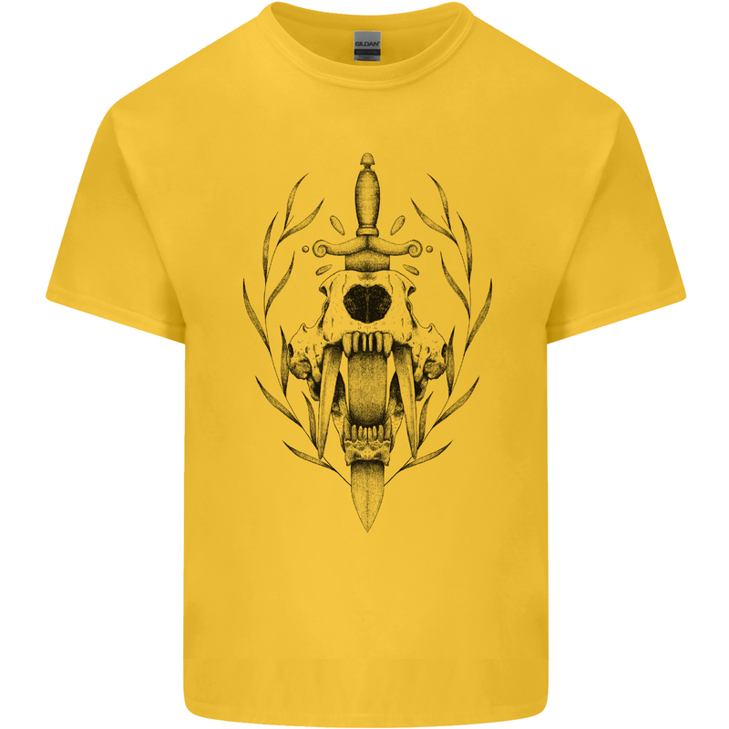 Sabre Tooth Tiger Skull Sword Mens Cotton T-Shirt Tee Top Yellow