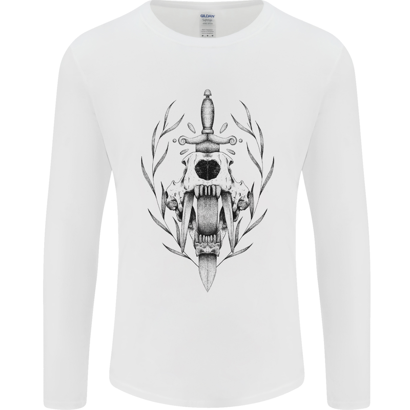 Sabre Tooth Tiger Skull Sword Mens Long Sleeve T-Shirt White
