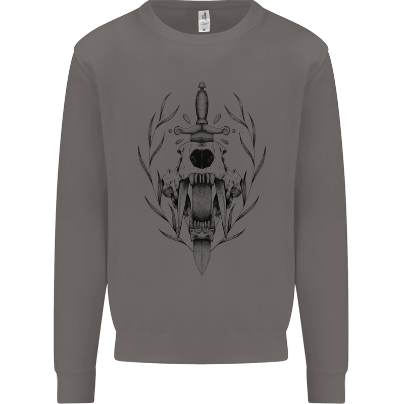 Sabre Tooth Tiger Skull Sword Mens Sweatshirt Jumper Charcoal