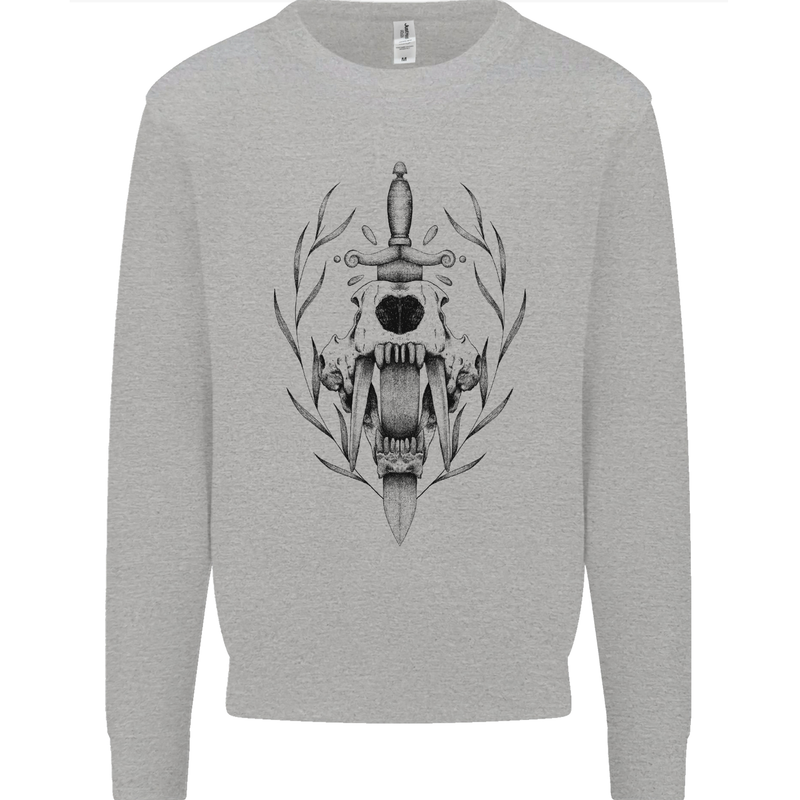 Sabre Tooth Tiger Skull Sword Mens Sweatshirt Jumper Sports Grey