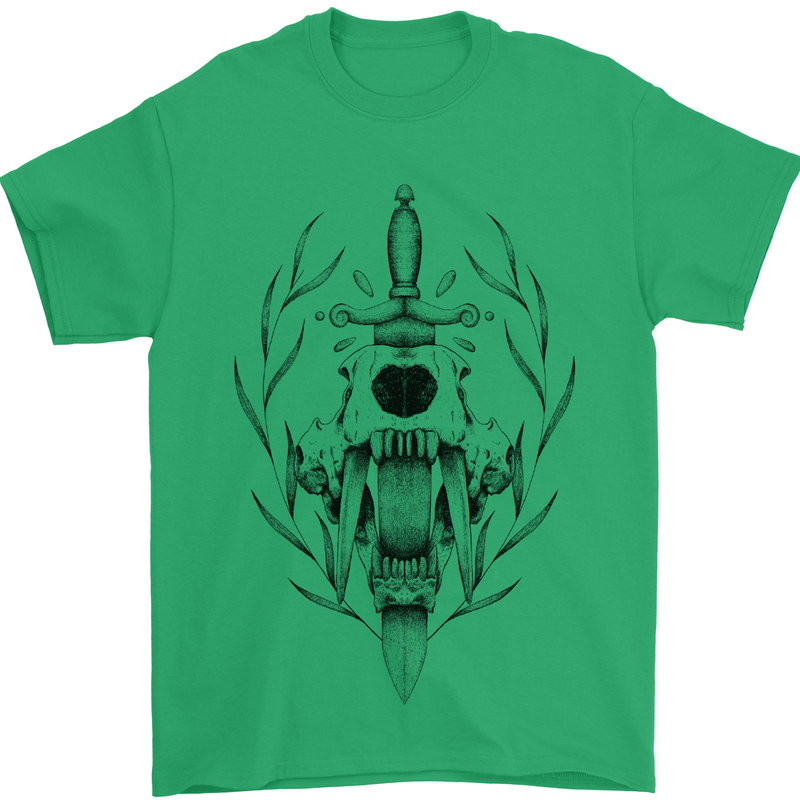 Sabre Tooth Tiger Skull Sword Mens T-Shirt Cotton Gildan Irish Green