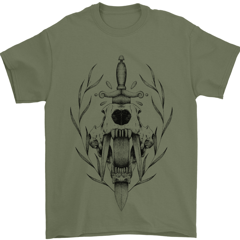 Sabre Tooth Tiger Skull Sword Mens T-Shirt Cotton Gildan Military Green