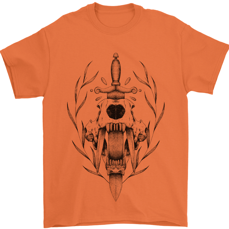 Sabre Tooth Tiger Skull Sword Mens T-Shirt Cotton Gildan Orange