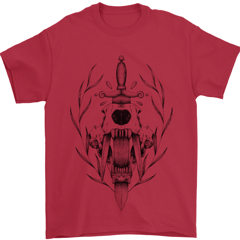 Sabre Tooth Tiger Skull Sword Mens T-Shirt Cotton Gildan Red