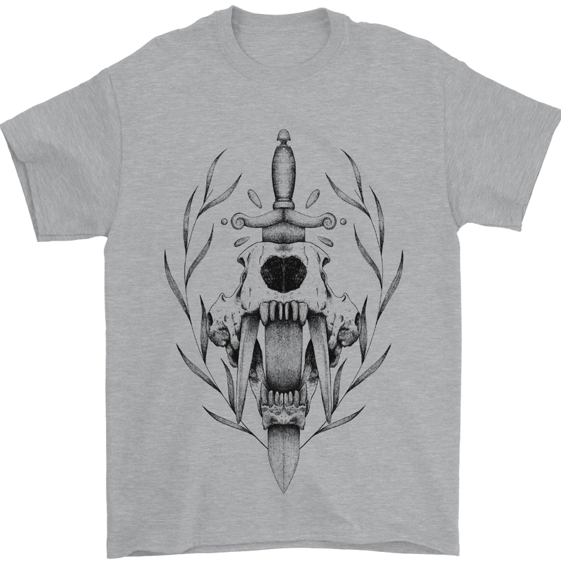 Sabre Tooth Tiger Skull Sword Mens T-Shirt Cotton Gildan Sports Grey