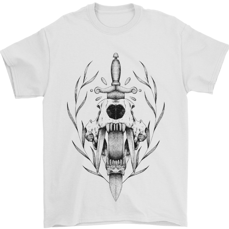 Sabre Tooth Tiger Skull Sword Mens T-Shirt Cotton Gildan White